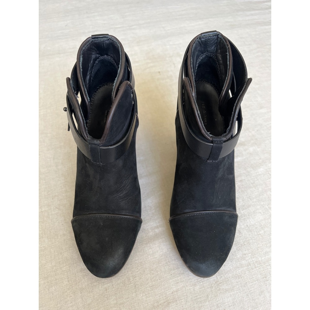 Rag & Bone Harrow Black Suede Leather Wrap Strap Ankle Boots 36 cap toe